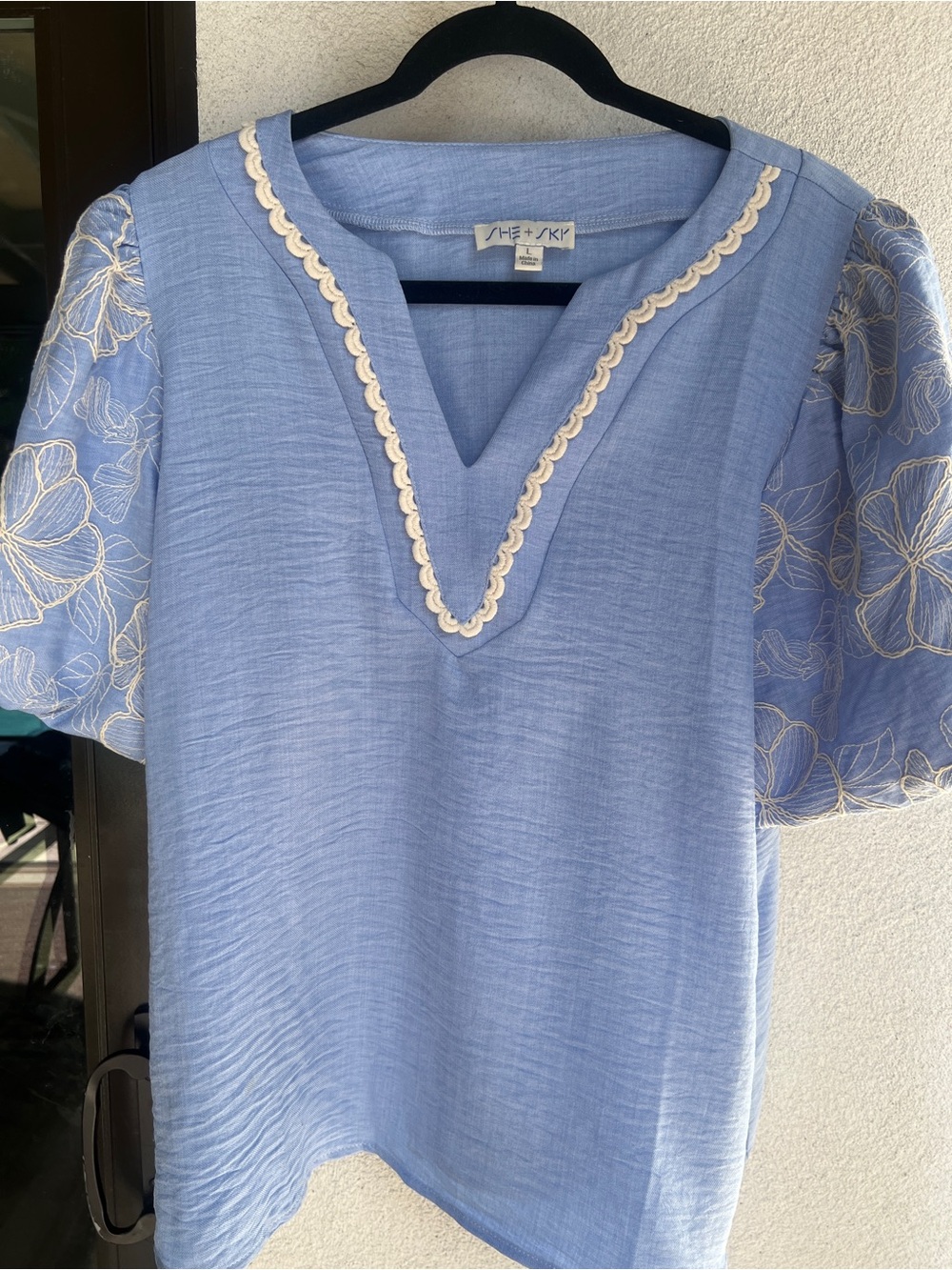 She + Sky Light Blue Embroidered Puff Sleeve V-Neck Tunic